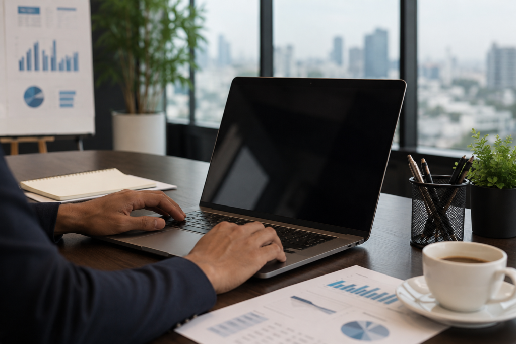 Professional digital marketer analyzing online marketing performance on a laptop in a modern office, representing digital marketing services for business growth.